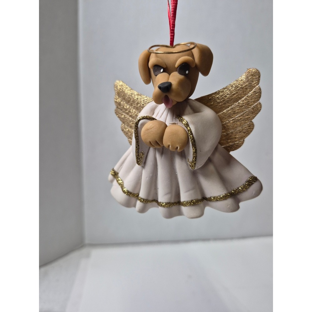 Cecile Signed Polymer Clay Angel Dog Ornament Gold Wings Yellow Lab Puppy - Picture 2 of 8
